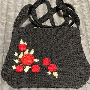 Woven Purse with Red Floral Detail
